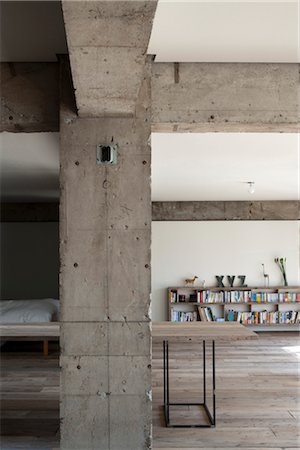 simsearch:845-05839500,k - Sakura flat, Private House, Detail of concrete column and beams in modern openplan home concrete column. Architects: Hitoshi Wakamatsu Architect and Associates Stock Photo - Rights-Managed, Code: 845-05839501