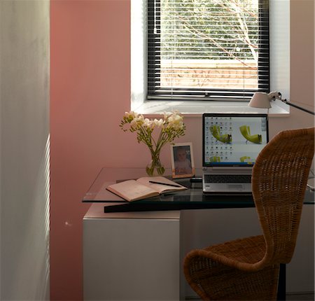 flowers on desk - Number Forty and a Half, London. Home office. Architects: Philip Johnson and Leonie Milliner Stock Photo - Rights-Managed, Code: 845-03720442