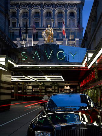 The Savoy Hotel refurbishment, completed 2010. Entrance at night. Architects: Interior renovation: Pierre Yves Rochon Stock Photo - Rights-Managed, Code: 845-03720859