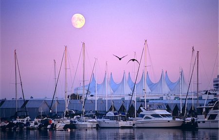 British Columbia, Vancouver, full moon over Coal Harbour marina and Canada Place Stock Photo - Rights-Managed, Code: 845-03721279