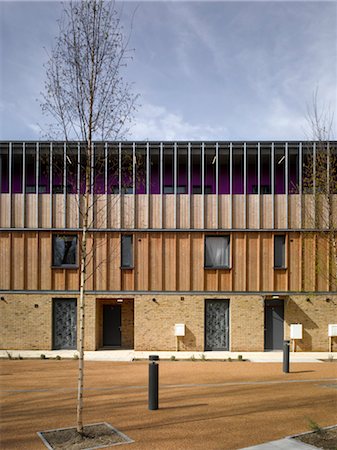 sandbirke - Heron Court, Thamesmead. Leichte Stahlrahmen senkrechte Thermoholz geschalt. Architekten: Bell, Phillips, Kimber Stockbilder - Lizenzpflichtiges, Bildnummer: 845-03721342