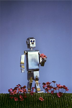 1980s FUTURISTIC SILVER ROBOT TOY WALKING  IN FLOWERS Foto de stock - Direito Controlado, Número: 846-05645702