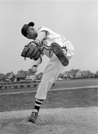 suburban teenagers 1960s - 1950s TEEN IN BASEBALL UNIFORM WINDING UP FOR PITCH Stock Photo - Rights-Managed, Code: 846-05645953