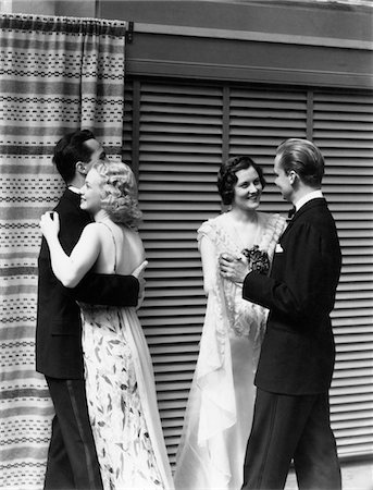 fun black and white photographic images friendship - 1930s 2 COUPLES MEN WOMEN DANCING WEARING  FORMAL ATTIRE Stock Photo - Rights-Managed, Code: 846-05646273