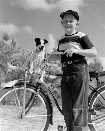 1940s - 1950s BOY ON BIKE WITH PUPPY IN BASKET LOOKING AT CAMERA Stock Photo - Rights-Managed, Code: 846-05646282