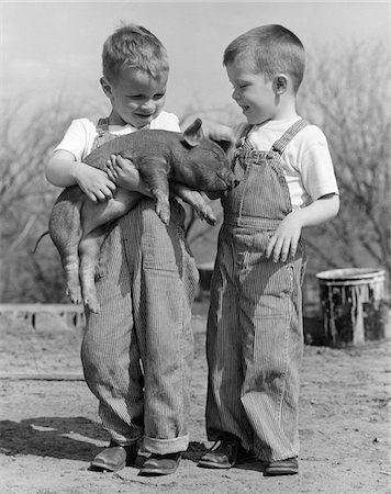 1950s BOYS IN STRIPED OVERALLS HOLDING PIGLET Foto de stock - Con derechos protegidos, Código: 846-05646463