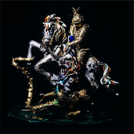 2000s ENAMELED JEWEL ENCRUSTED FIGURINE OF SAINT GEORGE SLAYING THE DRAGON Stock Photo - Rights-Managed, Code: 846-05646608