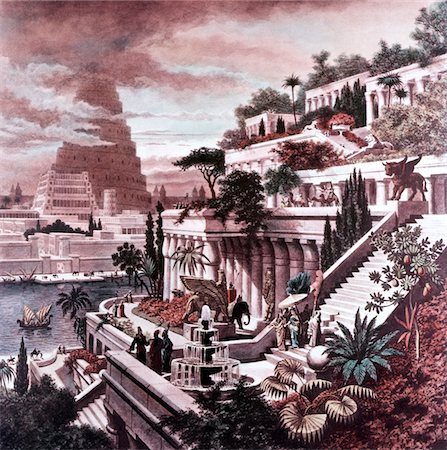 SEVEN WONDERS OF THEANCIENT WORLD PAINTING ENGRAVING BY MARTIN HEEMSKERCK 600BC  HANGING GARDENS OF BABYLON TOWER OF BABEL IN BACKGROUND Stock Photo - Rights-Managed, Code: 846-05646603