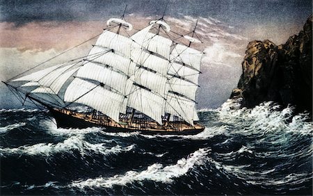 simsearch:846-06112007,k - 1800s CURRIER AND IVES LITHOGRAPH OFF A LEE SHORE  SQUARE RIGGED SAILING SHIP IN DANGER IN ROUGH WATER Stock Photo - Rights-Managed, Code: 846-05646611