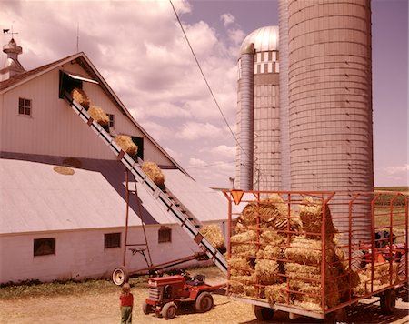 70ER JAHRE MÄDCHEN BEOBACHTEN HEU BALLEN AUF FÖRDERBAND LADEN IN DER SCHEUNE VON FARM GETREIDESILOS Stockbilder - Lizenzpflichtiges, Bildnummer: 846-05646848