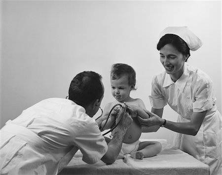 doctor b&w retro - 1960s DOCTOR NURSE EXAMINING BABY CHEST WITH STETHOSCOPE Stock Photo - Rights-Managed, Code: 846-05647643