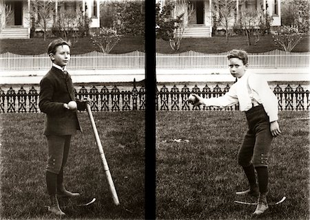 excited baseball kid - 1890s - 1900s TWO IMAGES OF BOY IN KNICKERS HOLDING BASEBALL BAT AND PITCHING BALL Stock Photo - Rights-Managed, Code: 846-05647769