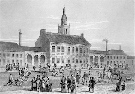 GRAVURE DU XVIIIE SIÈCLE DE L'INDEPENDENCE HALL À PHILADELPHIE, 1776 Photographie de stock - Rights-Managed, Code: 846-05648018