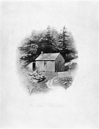 picture (artwork) - 1800s - 1840s HENRY DAVID THOREAU'S CABIN IN THE WOODS BESIDE WALDEN POND CONCORD MASSACHUSETTS Stock Photo - Rights-Managed, Code: 846-05648033