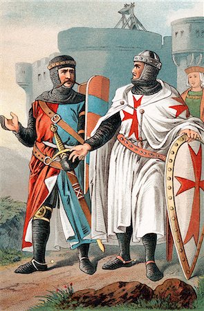 TWO KNIGHTS OF MALTA WEARING ARMOUR FROM DAYS OF THE MEDIEVAL CRUSADES RED MALTESE CROSS OF HOSPITALERS Stock Photo - Rights-Managed, Code: 846-06112056