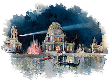 simsearch:846-06112310,k - 1890s NIGHT IN GRAND COURT OF WORLD COLUMBIAN EXPOSITION KNOWN AS CHICAGO WORLD'S FAIR BEAUX ARTS ARCHITECTURE 1893 Fotografie stock - Rights-Managed, Codice: 846-06112065