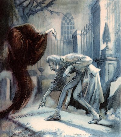 sepultura - SCENE FROM CHARLES DICKENS CHRISTMAS CAROL EBENEZER SCROOGE WITH GHOST OOF CHRISTMAS FUTURE AT CEMETERY GRAVE Foto de stock - Con derechos protegidos, Código: 846-06112067
