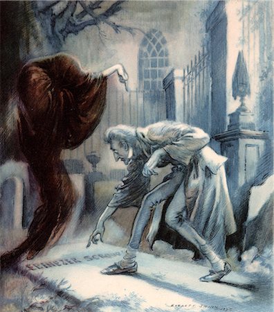 SZENEN VON CHARLES DICKENS CHRISTMAS CAROL EBENEZER SCROOGE MIT GHOST OOF WEIHNACHTEN ZUKUNFT AM FRIEDHOF GRAB Stockbilder - Lizenzpflichtiges, Bildnummer: 846-06112067