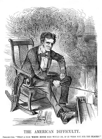 president (male) - 1800s 1860s 1861 PUNCH CARTOON ABRAHAM LINCOLN FIREPLACE SMOKE THE AMERICAN DIFFICULTY WHAT A NICE WHITE HOUSE THIS WOULD BE IF IT WERE NOT FOR THE BLACKS Stock Photo - Rights-Managed, Code: 846-06112309