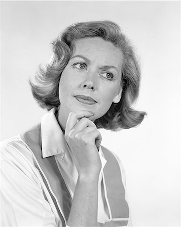 question - 1950s 1960s WOMAN HOUSEWIFE PORTRAIT THINKING THOUGHTFUL FACIAL EXPRESSION HAND TOUCHING CHIN Stock Photo - Rights-Managed, Code: 846-08639506