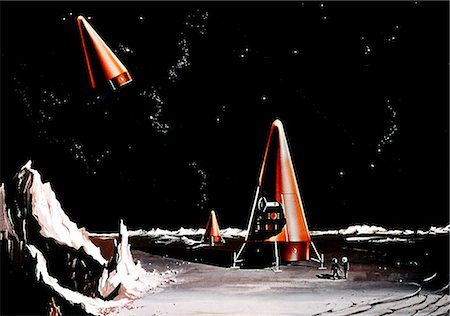 simsearch:846-06111864,k - 1960s NASA DRAWING CONE SHAPED SPACESHIP PLANET ASTRONAUTS EXPLORATION SCIENCE FICTION SC-FI SPACE TRAVEL Fotografie stock - Rights-Managed, Codice: 846-09012814