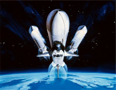 1970s ARTIST'S CONCEPT OF SPACE SHUTTLE'S SEPARATION OF TWO SOLID ROCKET BOOSTERS Stock Photo - Rights-Managed, Code: 846-09012820