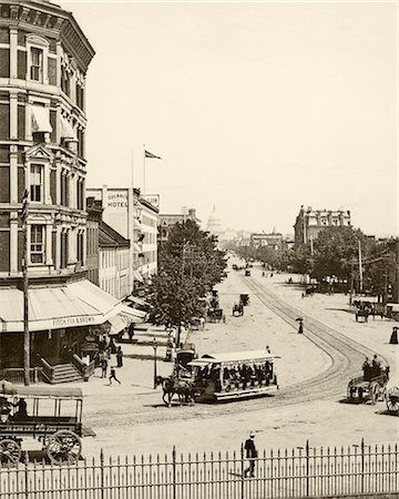 street corner - 1880s 1883 VIEW OF PENNSYLVANIA AVENUE AND CAPITOL BUILDING WITH HORSE-DRAWN STREETCAR IN FOREGROUND WASHINGTON DC USA Stock Photo - Rights-Managed, Code: 846-09161565