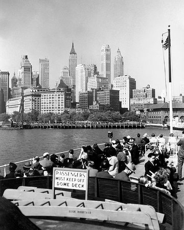 1930s 1940s NEW YORK CITY DOWNTOWN SKYLINE FROM THE STATUE OF LIBERTY BOAT UPPER DECK NYC USA Stock Photo - Rights-Managed, Code: 846-09181973