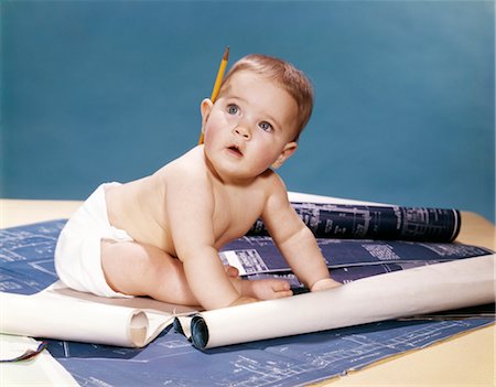 simsearch:846-02794054,k - 1960s BABY ARCHITECT SITTING AMONG BLUEPRINTS Stock Photo - Rights-Managed, Code: 846-02794002
