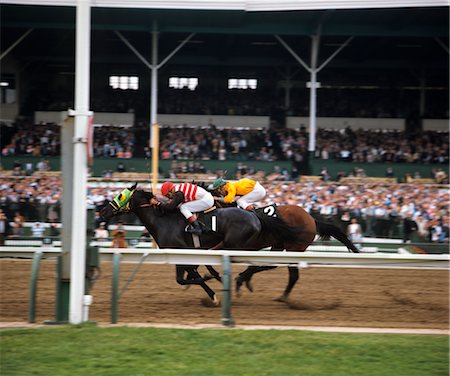 TWO RACE HORSES AND JOCKEYS NECK AND NECK GOING TO THE FINISH LINE Foto de stock - Direito Controlado, Número: 846-02794380