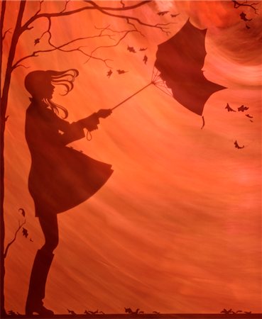 ILLUSTRATION SILHOUETTE OF GIRL HOLDING UMBRELLA BLOWING AWAY RAINCOAT BOOTS TREE FALLING LEAVES WIND BLOWING SUNSET Stock Photo - Rights-Managed, Code: 846-02794542
