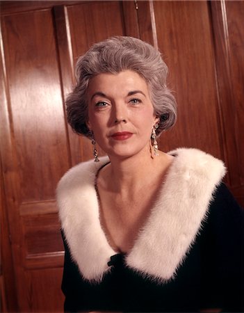 elderly woman in 1960s - 1960s ELEGANT SENIOR ELDERLY WOMAN SILVER HAIR FORMAL BLACK SWEATER WHITE FUR ERMINE COLLAR EARRINGS Stock Photo - Rights-Managed, Code: 846-02794993