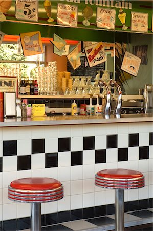 simsearch:846-03165382,k - COUNTER AND STOOLS AT MUSEUM SODA FOUNTAIN YAKIMA VALLEY MUSEUM WASHINGTON Stock Photo - Rights-Managed, Code: 846-02795049