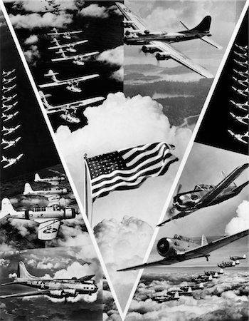 1940s WORLD WAR II VICTORY IN THE AIR MONTAGE IN SHAPE OF V WITH AMERICAN FLAG IN CENTER OF AVIATION MOTIF OF MILITARY AIRPLANES Foto de stock - Con derechos protegidos, Código: 846-02795466