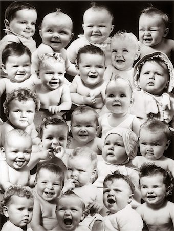 1940ER JAHRE COLLAGE-STIL MONTAGE VON BABY-KÖPFE MIT VERSCHIEDENEN AUSDRÜCKEN Stockbilder - Lizenzpflichtiges, Bildnummer: 846-02795605