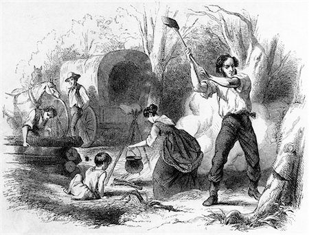 1800s DRAWING FRONTIER PIONEER SETTLERS MAN WITH AX CHOPPING TREE WOMAN CHILD AROUND CAMP FIRE AND CONESTOGA COVERED WAGON IN BACKGROUND Foto de stock - Con derechos protegidos, Código: 846-02796421