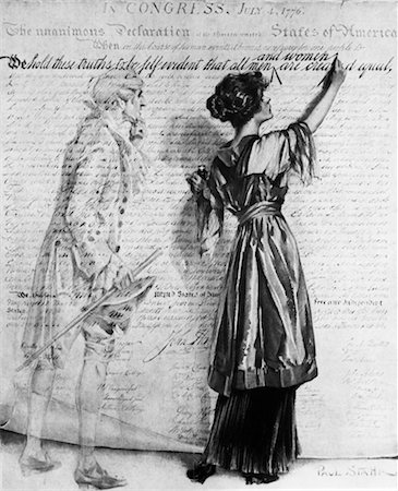 suffragettes - 1900s DRAWING WOMAN INSERTING WRITING WORDS AND WOMEN INTO DECLARATION OF INDEPENDENCE AS GHOST OF THOMAS JEFFERSON LOOKS ON Stock Photo - Rights-Managed, Code: 846-02796457