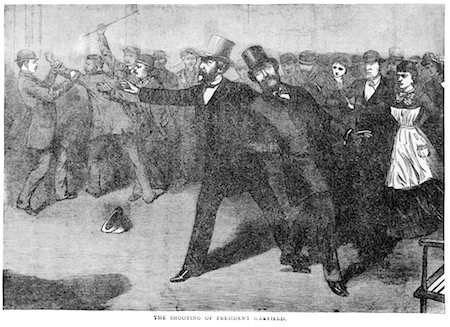 JULY 2 1881 SHOOTING OF PRESIDENT JAMES ABRAM GARFIELD BY ASSASSIN CHARLES GUITEAU ILLUSTRATION Stock Photo - Rights-Managed, Code: 846-02796513