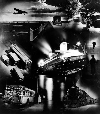 1930s MONTAGE OF TRANSPORTATION IMAGES AIRPLANE RAILROAD TRAIN BUS TRUCK AUTOMOBILE OCEAN LINER Stock Photo - Rights-Managed, Code: 846-02796522