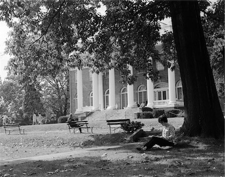 simsearch:846-02792735,k - 1960s FEMALE COLLEGE STUDENT SITTING UNDER TREE STUDYING WITH CAMPUS BUILDING & OTHER STUDENTS WALKING IN BACKGROUND Stock Photo - Rights-Managed, Code: 846-02797030