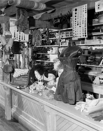 simsearch:846-02796511,k - INTERIOR OF FARM MUSEUM IN LANCASTER PA SET UP LIKE AN OLD COUNTRY STORE WITH SEWING NOTIONS SHOES CORSET HATS ETC. Stock Photo - Rights-Managed, Code: 846-02797033