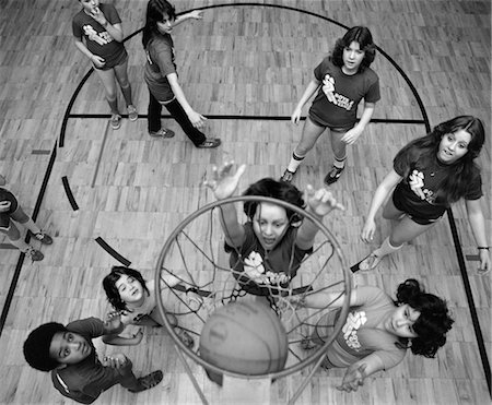 pic of black kids in group - 1980s BIRD'S EYE VIEW OF GROUP OF KIDS PLAYING BASKETBALL ONE JUMPING UP TO SHOOT A BASKET BALL GOING INTO NET Stock Photo - Rights-Managed, Code: 846-02797151