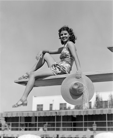 retro sport images - 1930s 1940s WOMAN HOLDING HAT POSING DIVING BOARD SWIM SUIT POOL TRAVEL VACATION SWIMMING HOTEL MIAMI FLORIDA Stock Photo - Rights-Managed, Code: 846-02797567