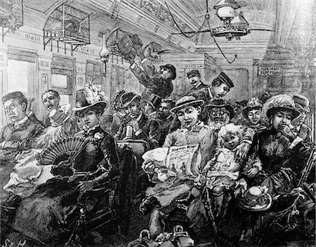 1880s ILLUSTRATION CROWDED PASSENGER CAR RAILROAD COACH TRAVEL 19TH CENTURY TRAIN AMERICA FROM HARPERS MAGAZINE AUGUST 1885 Foto de stock - Con derechos protegidos, Código: 846-02791749