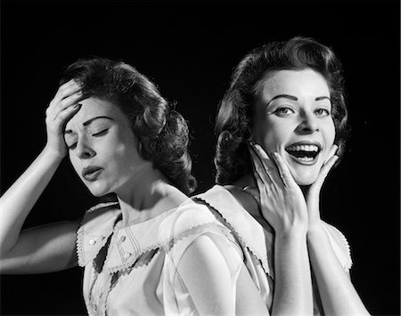 pair - 1950s 1960s WOMAN DOUBLE EXPOSURE ONE SIDE HAS HAND TO HEAD IN PAIN OTHER HAS HANDS TO FACE SMILING FEELING BETTER LOOKING AT CAMERA Stock Photo - Rights-Managed, Code: 846-02791741