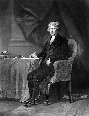 ENGRAVED PORTRAIT OF THOMAS JEFFERSON SEATED AT TABLE WRITING WITH QUILL PEN Stock Photo - Rights-Managed, Code: 846-02791779