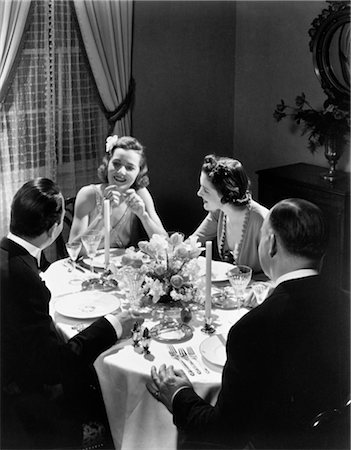 1930s TWO COUPLES FORMAL DINNER PARTY SITTING AT TABLE Stock Photo - Rights-Managed, Code: 846-02792153