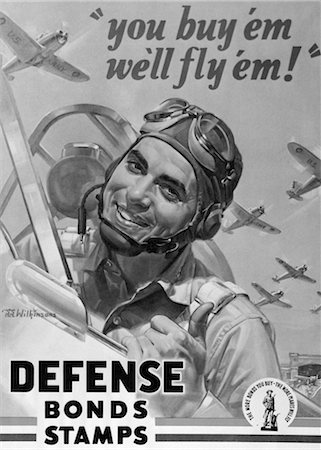 DEFENSE BOND & STAMP POSTER FROM WORLD WAR TWO WITH FIGHTER PILOT SAYING YOU BUY EM WE FLY EM Stock Photo - Rights-Managed, Code: 846-02792340