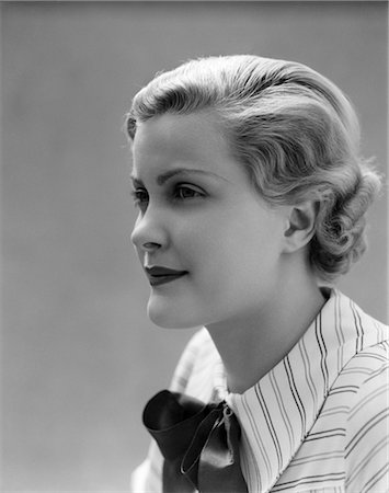 fashion of the 1930s for women - 1930s PROFILE PORTRAIT OF PRETTY YOUNG WOMAN BEAUTY MAKEUP STYLE WEARING STRIPE SHIRT WITH TIE AT COLLAR Stock Photo - Rights-Managed, Code: 846-02792984