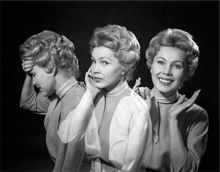 1950s 1960s MULTIPLE EXPOSURE WOMAN THREE EMOTIONS CHANGE FROM HAPPY TO SAD Foto de stock - Con derechos protegidos, Código: 846-02793055